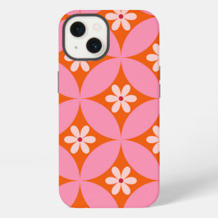 White Flowers on Mid Century Pink Circles Pattern  iPhone 13 Case