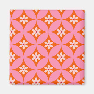 White Flowers on Mid Century Pink Circles Pattern  Magnet