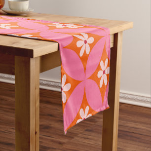 White Flowers on Mid Century Pink Circles Pattern Short Table Runner