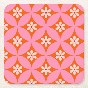 White Flowers on Mid Century Pink Circles Pattern Square Paper Coaster
