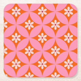 White Flowers on Mid Century Pink Circles Pattern  Square Paper Coaster