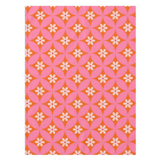 White Flowers on Mid Century Pink Circles Pattern Tablecloth