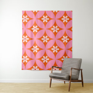 White Flowers on Mid Century Pink Circles Pattern Tapestry