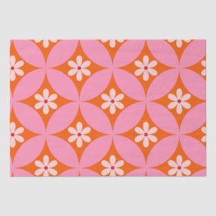 White Flowers on Mid Century Pink Circles Pattern  Tissue Paper