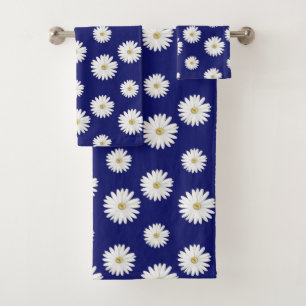 White Flowers on Navy Blue Bath Towel Set