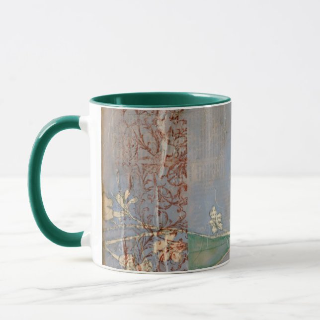 White Flowers on Newsprint Background Mug (Left)