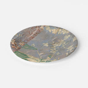 White Flowers on Newsprint Background Paper Plate
