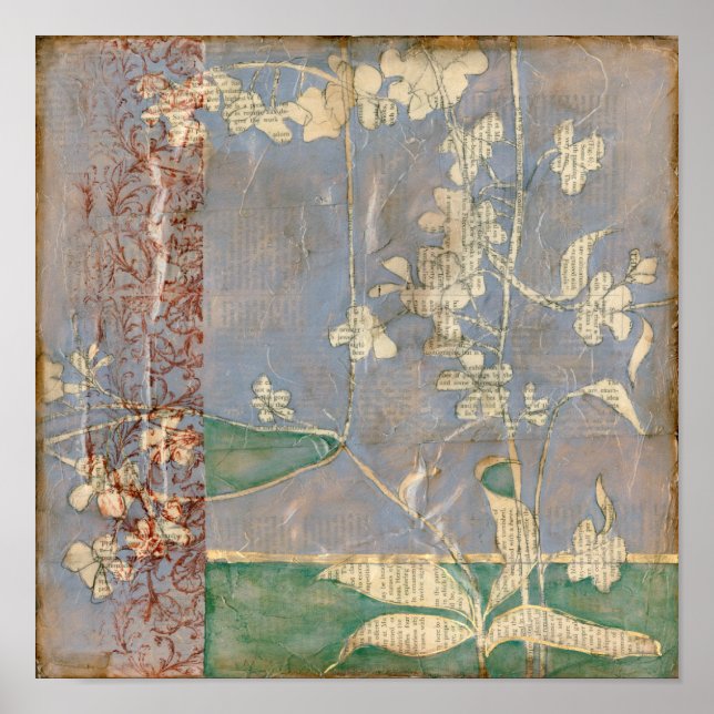 White Flowers on Newsprint Background Poster (Front)