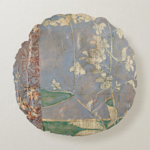 White Flowers on Newsprint Background Round Cushion