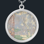 White Flowers on Newsprint Background Silver Plated Necklace<br><div class="desc">The newsprint background and deeply coloured background almost hide the white flowers that are the focus of this painting by Jennifer Goldberger. A very unique and engaging print,  it could make a nice gift for someone who loves avant-garde art!</div>
