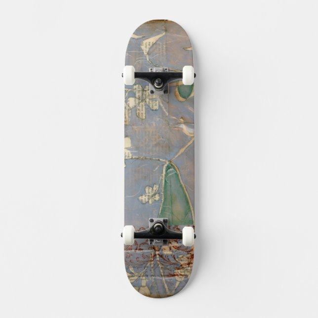 White Flowers on Newsprint Background Skateboard (Front)