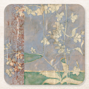 White Flowers on Newsprint Background Square Paper Coaster