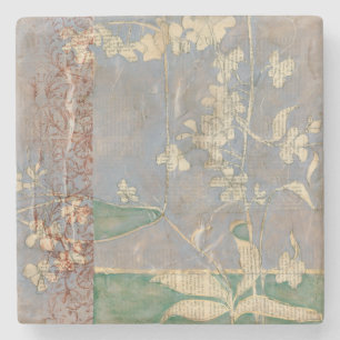 White Flowers on Newsprint Background Stone Coaster