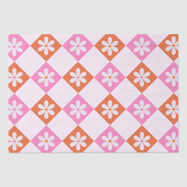 White Flowers on Orange and Pink argyle pattern  Tissue Paper (Front)