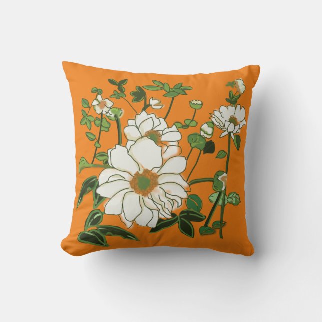 White Flowers on Orange Cushion (Front)