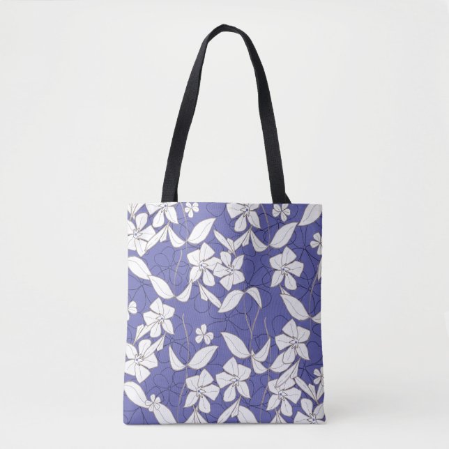 White Flowers on Periwinkle Tote Bag (Front)