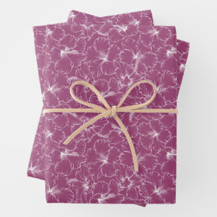 White Flowers on Raspberry Wrapping Paper Sheet