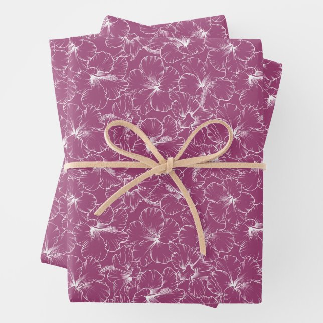 White Flowers on Raspberry Wrapping Paper Sheet (In situ)