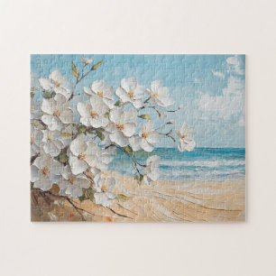 White Flowers on the Beach Oil Painting Jigsaw Puzzle