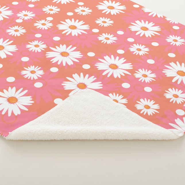 White flowers - orange field sherpa blanket (3/4)
