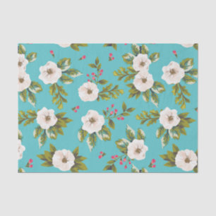 White flowers painting on turquoise background tissue paper