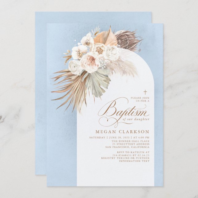 White Flowers Pampas Grass Boho Blue Baptism Invitation (Front/Back)