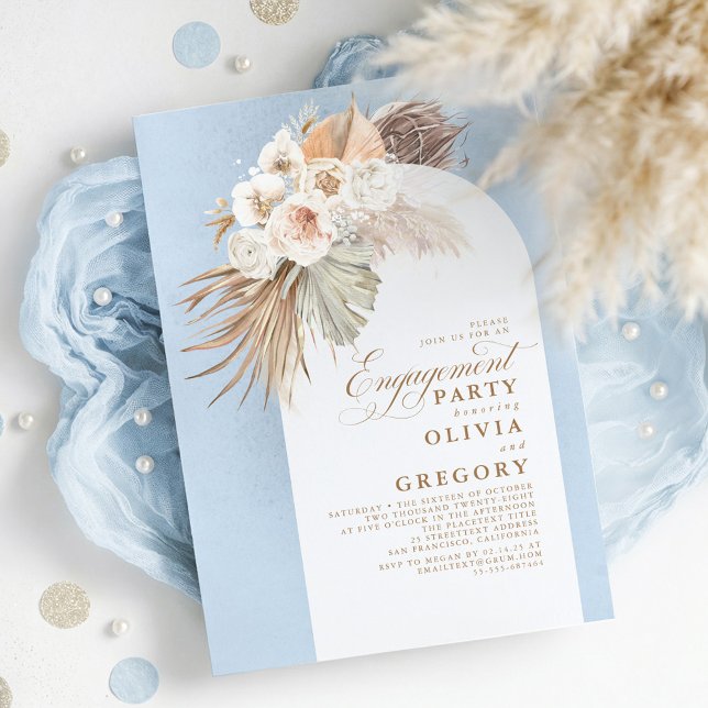 White Flowers Pampas Grass Boho Engagement Party Invitation (Dusty Blue Chic Elegant Exotic Boho Engagement Party Invitations)