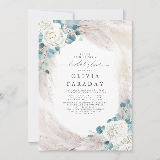White Flowers Pampas Grass Bridal Shower Invitation (Front)