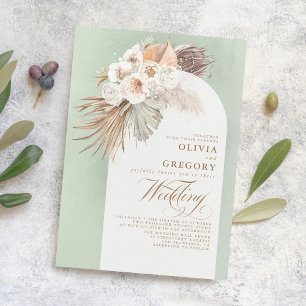 White Flowers Pampas Grass Elegant Sage Wedding Invitation