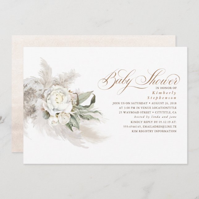 White Flowers Pampas Grass Greenery Baby Shower Invitation (Front/Back)
