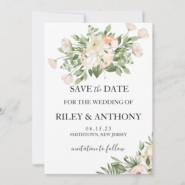 White Flowers Pampas Grass Greenery Succulent  Save The Date (Front)