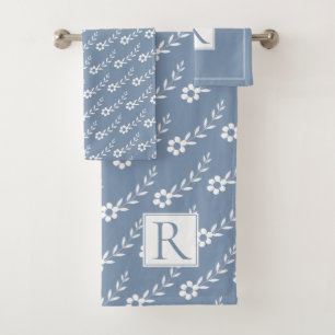White flowers pattern and monogram dusty blue bath towel set