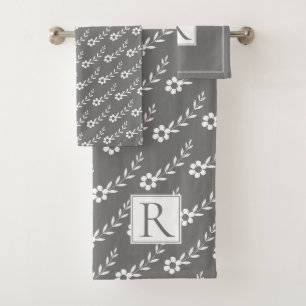 White flowers pattern and monogram grey bath towel set