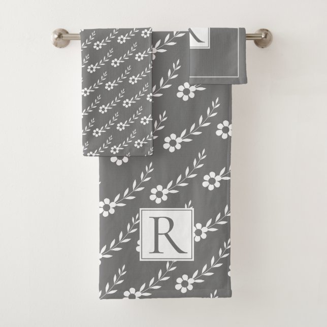 White flowers pattern and monogram grey bath towel set (Insitu)