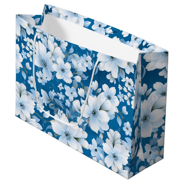 white flowers pattern, blue background, large gift bag (Front Angled)