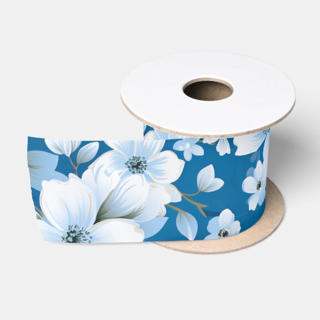 white flowers pattern, blue background, satin ribbon (Spool)