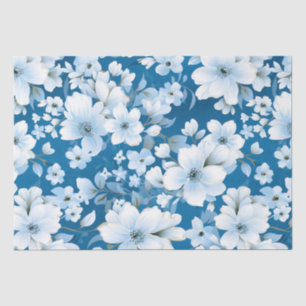 white flowers pattern, blue background, tissue paper