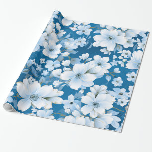 white flowers pattern, blue background, wrapping paper