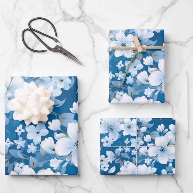 white flowers pattern, blue background, wrapping paper sheet (Front)