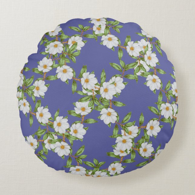 White Flowers Pattern Round Pillow (Front)