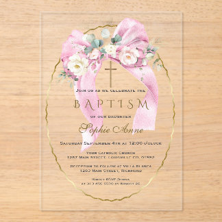 White Flowers Pink Bow Girl Baptism Transparent   Acrylic Invitations