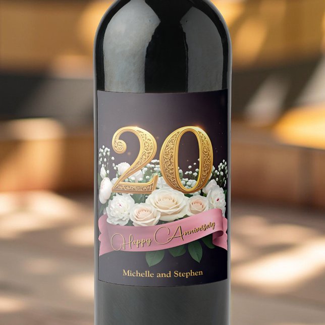 White Flowers Pink Ribbon 20th Wedding Anniversary Wine Label (Creator Uploaded)