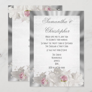 White flowers pink rose on silver grey wedding invitation