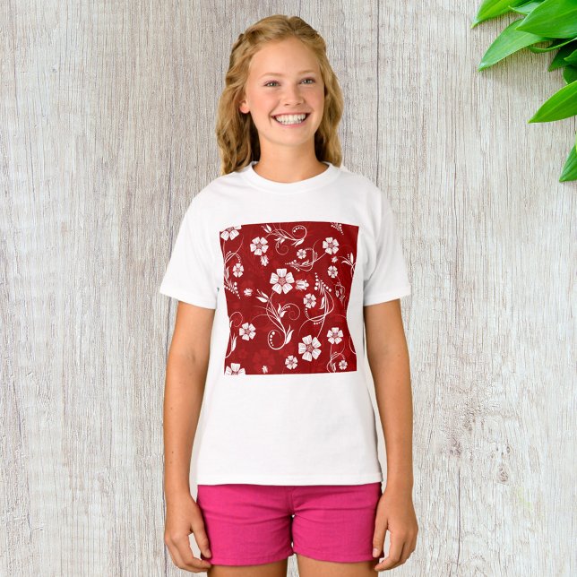 White Flowers Red Background T-Shirt (Creator Uploaded)