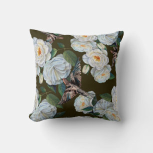 White flowers rose with leaves drawing in pastel. cushion