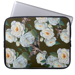 White flowers rose with leaves drawing in pastel.  laptop sleeve