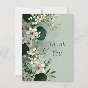White Flowers Sage Green Background Thank You Card