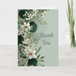 White Flowers Sage Green Background Thank You Card