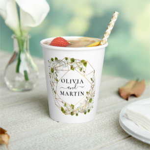 White Flowers Script Wedding Paper Cups