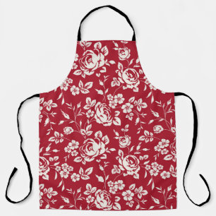 White flowers silhouette on red background. Seamle Apron